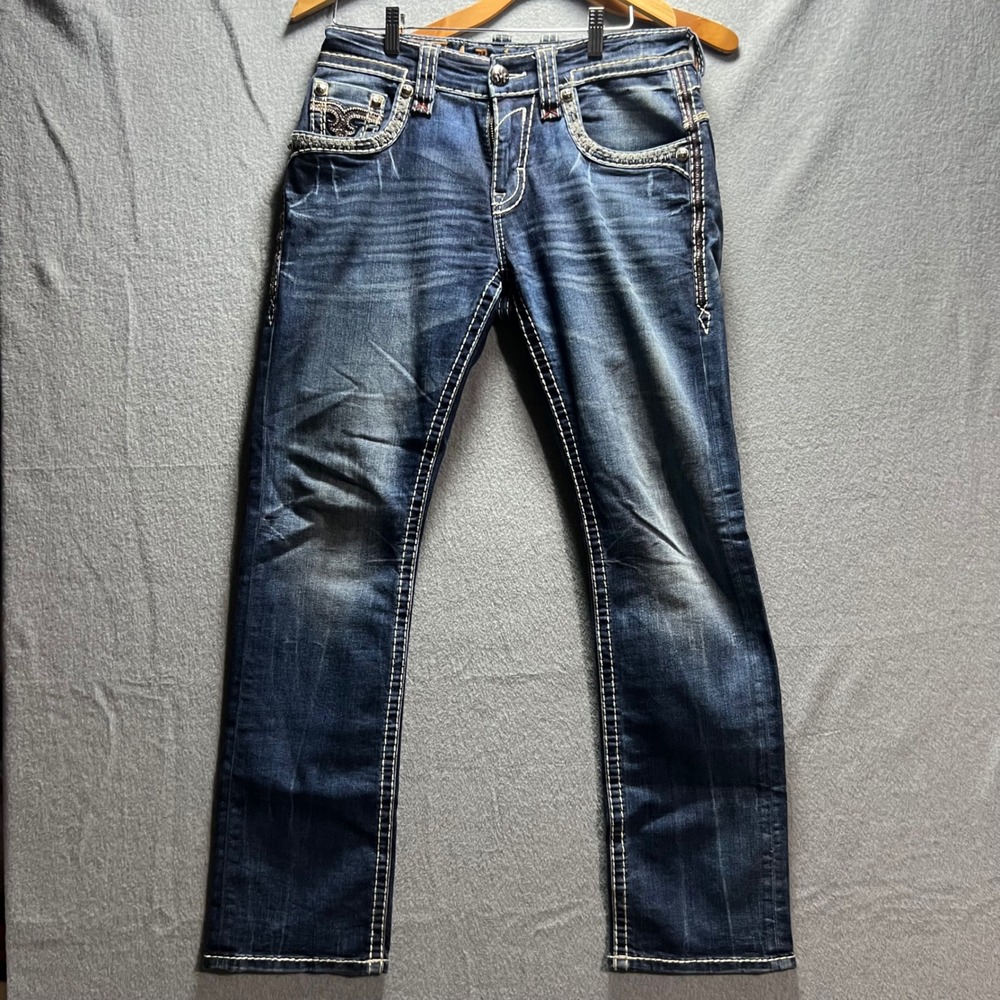 Rock Revival Jett Straight Mens Jeans Size 31 Dark Wash Thick Stitch Distressed